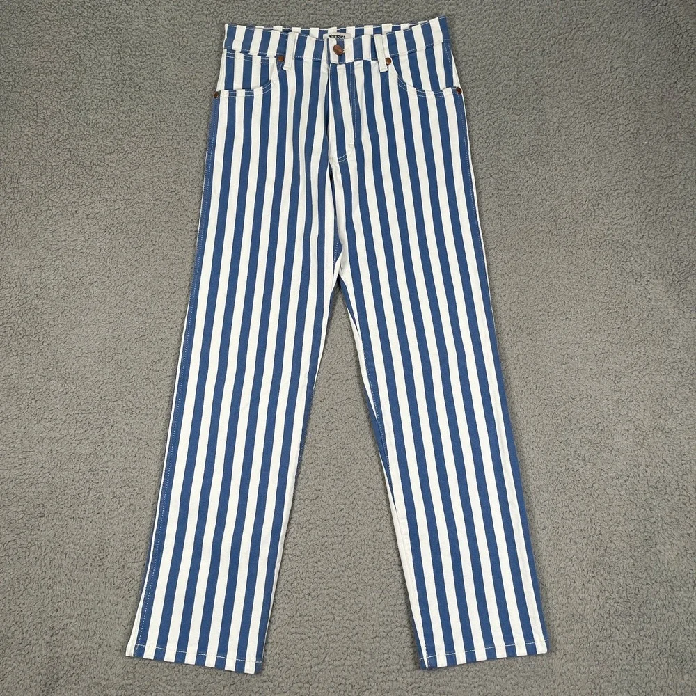 Wrangler Jeans Womens‎ 25x29 Blue White Striped Sunset Mid Rise Straight Cowgirl